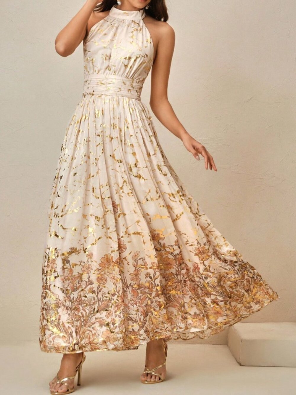 Elegant Floral Halter Neck Metallic Gold Foil Maxi Dress